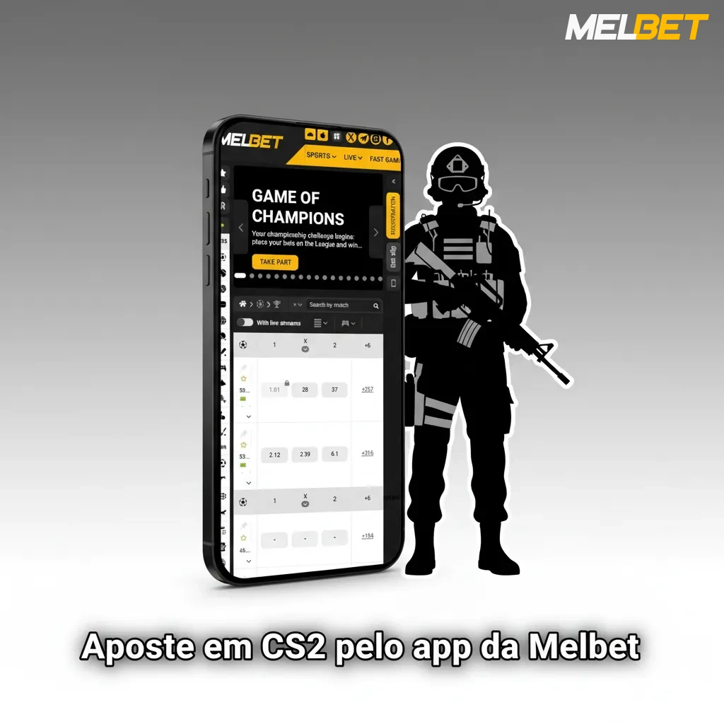 Tela de celular com o app Melbet aberto, exibindo apostas em CS2, mercados por mapa, odds e placar em tempo real.