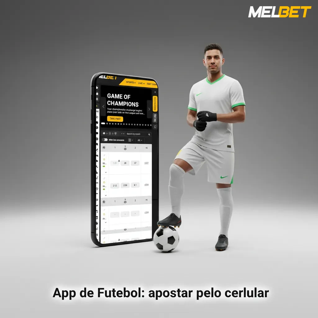 Tela do app de futebol Melbet no celular, com odds ao vivo, notificações de gols, Cash Out e login biométrico; Android e iOS.