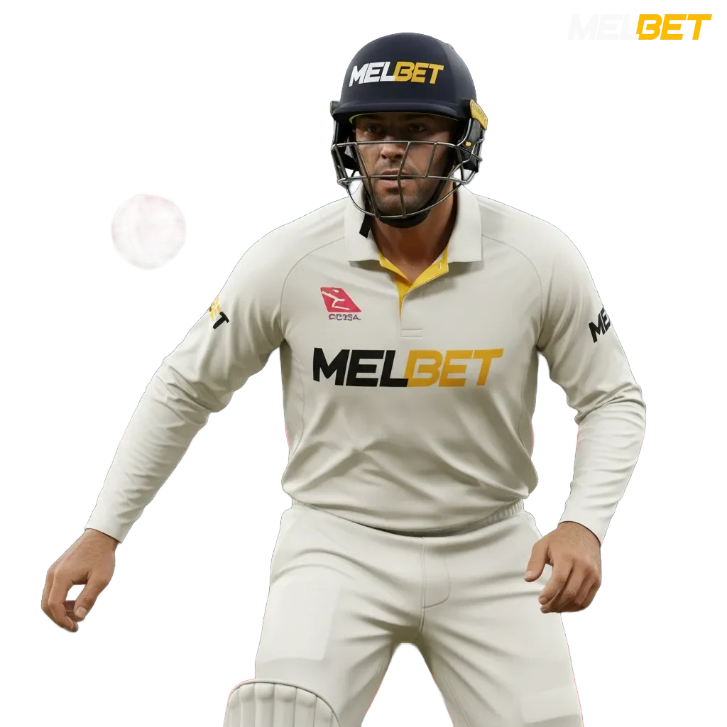 Banner da Melbet sobre apostas de críquete no Brasil, com bônus 100% até R$1200 e mercados de resultado, totais e handicaps.