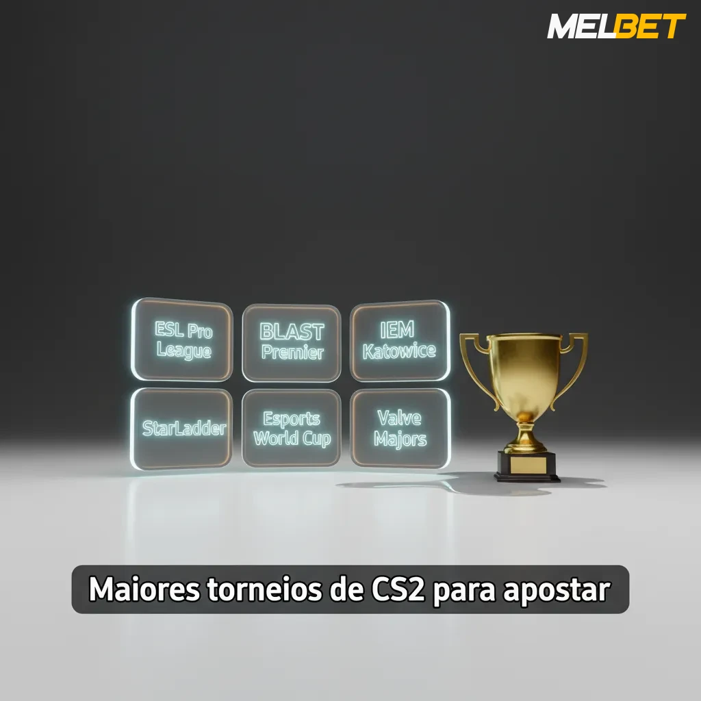 Banner dos maiores torneios de CS2 para apostar: Majors, ESL Pro League, BLAST, IEM Katowice, IEM Cologne e EWC.