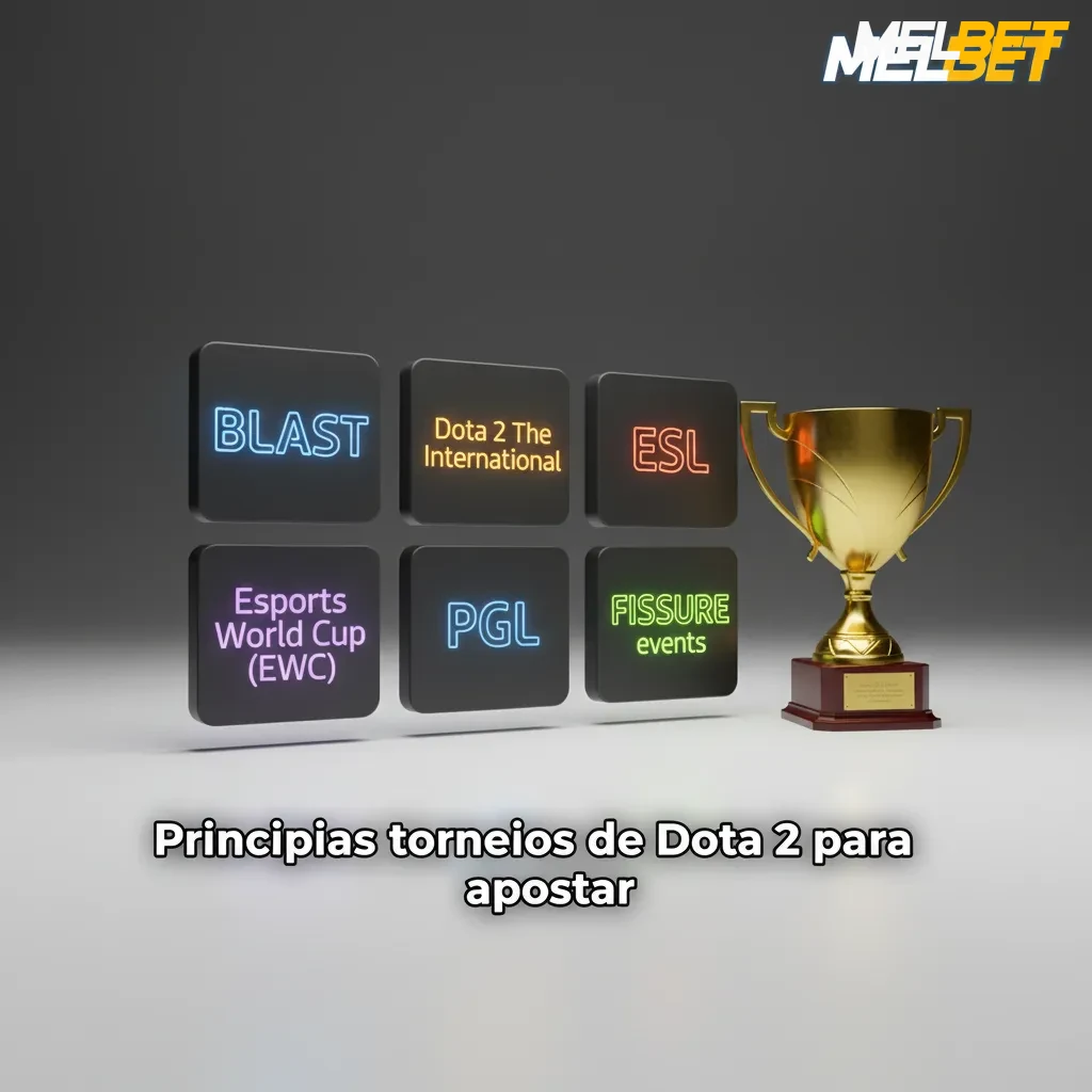Montagem destacando principais torneios de Dota 2: TI, BLAST, ESL, EWC, PGL e FISSURE, com calendário e fases decisivas.