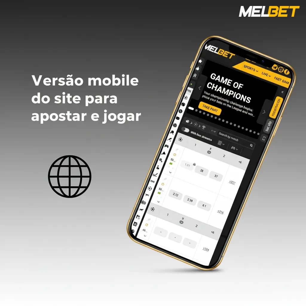 Site móvel de apostas e cassino: interface adaptada, busca, bilhete fixo, Pix, notificações e troca entre eventos e jogos.