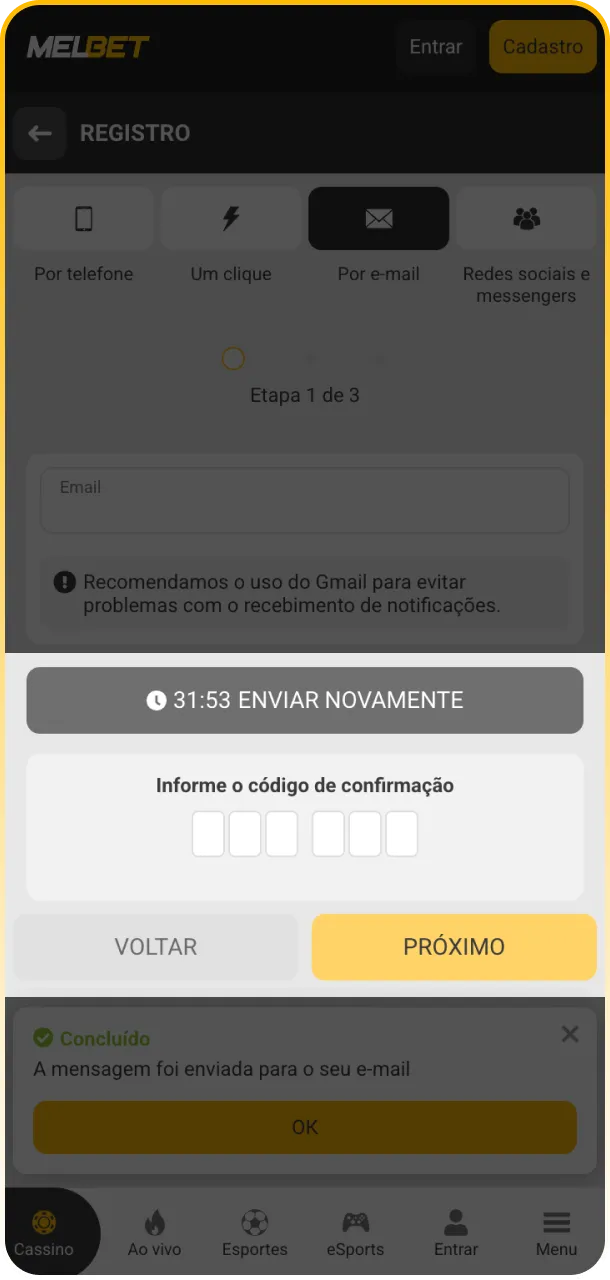 Confirme sua conta através do e-mail ou SMS enviado pela Melbet.