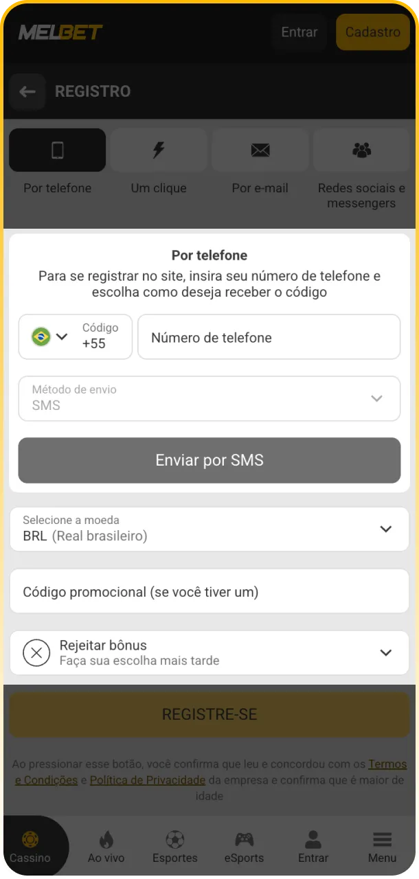 Preencha os dados necessários no formulário de inscrição da Melbet.