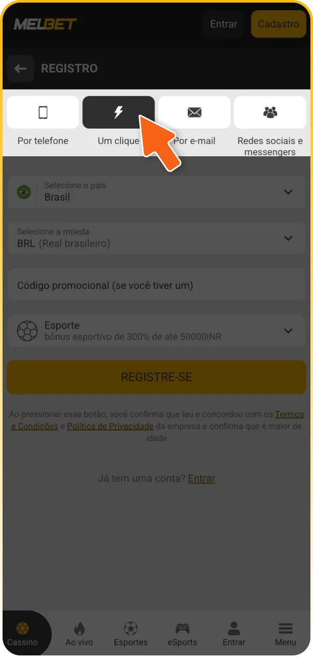 Escolha o método de cadastro ideal para criar sua conta na Melbet.