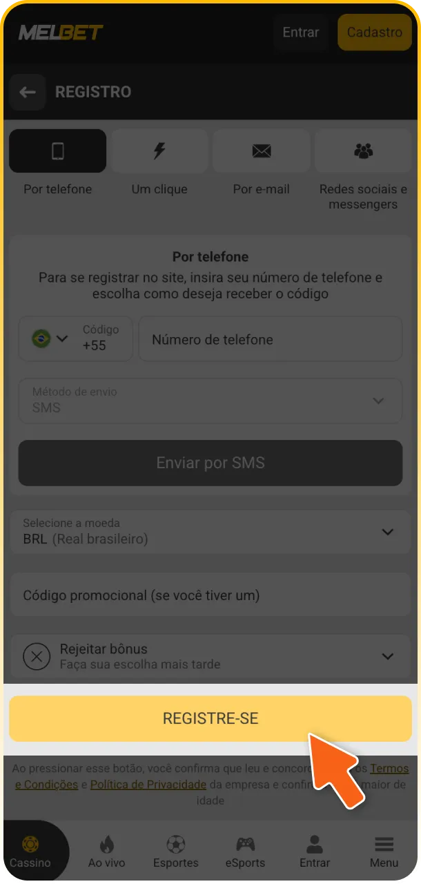 Finalize o cadastro na Melbet para acessar a plataforma completa.