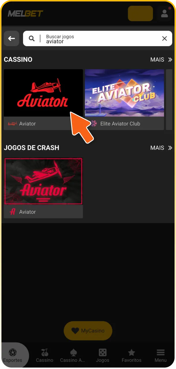 Abra o Aviator no lobby de cassino da Melbet Brasil.