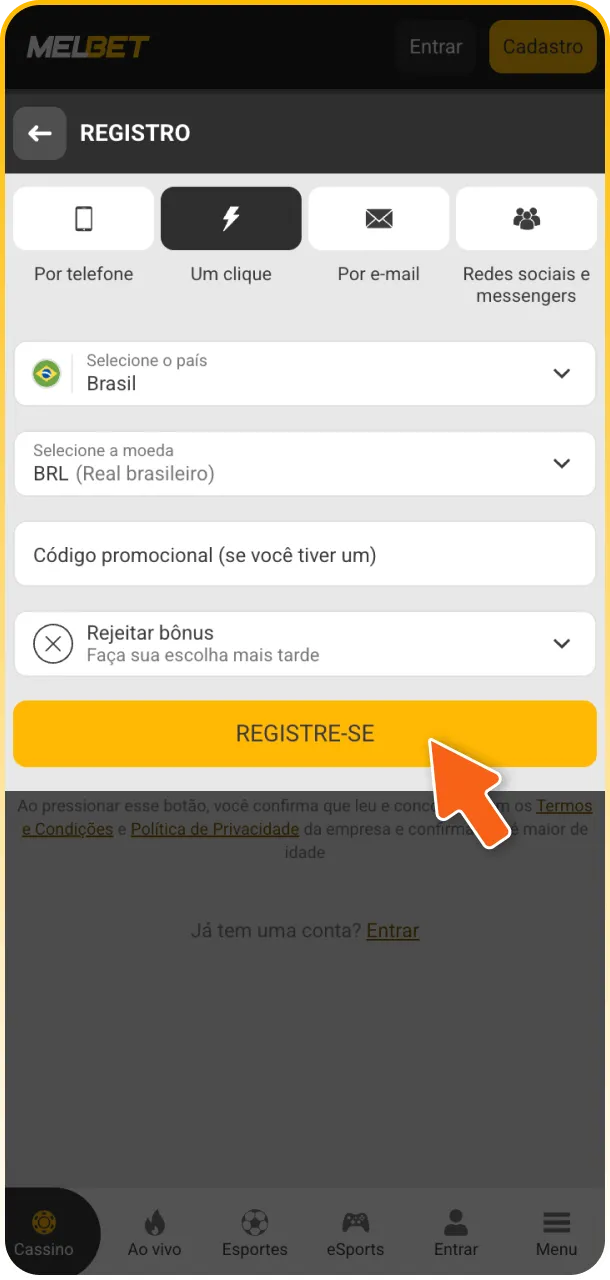 Conclua o cadastro na Melbet para começar a jogar Aviator.