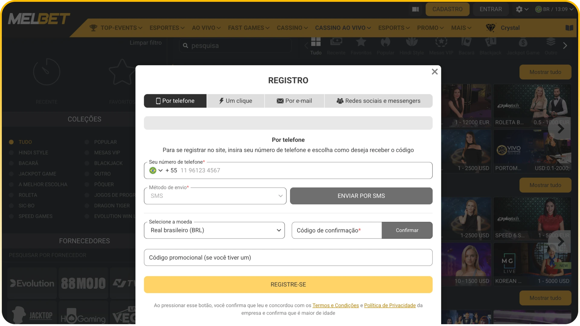 Clique para abrir o formulário de registro e criar sua conta na Melbet.